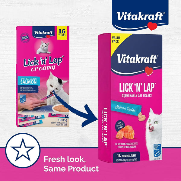 Vitakraft Lick 'N' Lap Real Salmon Squeezeable Liquid Cat Treats, Lickable, Salmon Broth #1 Ingredient, No Artificial Colors, Preservatives or Added Sugar, for Hydration, 0.52 Oz. Tubes, 16 Count8