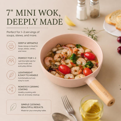 FIKA Small 7-Inch Deep Ceramic Coated Wok Pan, Nonstick Stir Fry & Soup Pan with Natural Wooden Handle, Induction Compatible for All Stovetops, Made in Korea, Made in Korea (18Cm)6