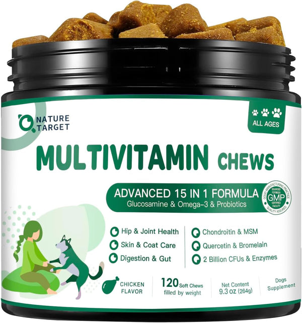 NATURE TARGET Multivitamin for Dogs, 120 Soft Chews, Chicken Flavor | with MSM & Glucosamine, Omegas 3 & 6, & Probiotics for Digestive Health, Joint Support, Skin & Coat, Immune & Overall Health1