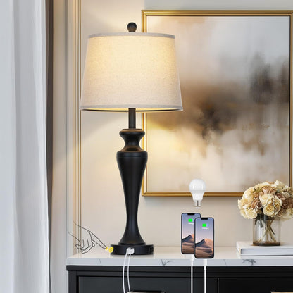 30 Inch Black Table Lamp Single, 3-Way Dimmable Touch Control Living Room Lamps with USB A+C Ports and AC Outlet, Tall Bedside Lamps for Nightstand, Modern Metal Bedroom Lamp, Bulb Included1