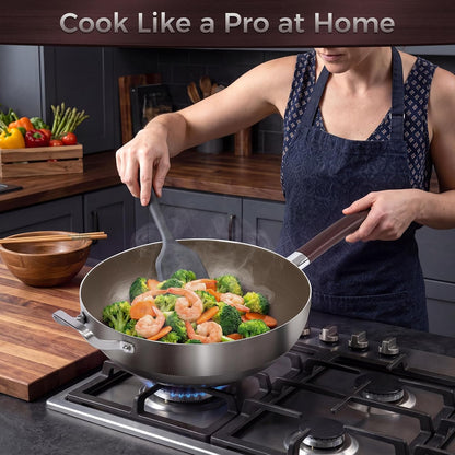 Titanium Wok Pan, 14 Inch Wok with Lid, Non Stick Stainless Steel Woks & Stir-Fry Pans, PFOA/PFAS/PTFE Free, Dishwasher Safe, Home Use for All Stoves,14Inch4
