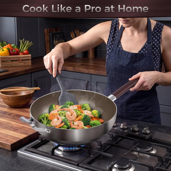 Titanium Wok Pan, 14 Inch Wok with Lid, Non Stick Stainless Steel Woks & Stir-Fry Pans, PFOA/PFAS/PTFE Free, Dishwasher Safe, Home Use for All Stoves,14Inch4