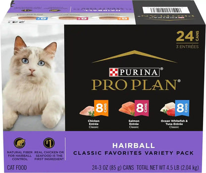 Purina Pro Plan Hairball Control Cat Food, Wet Cat Food Variety Pack, Hairball Control Entrees - (Pack of 24) 3 Oz. Cans1