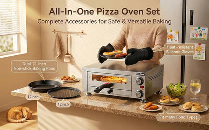 Electric Pizza Oven Indoor,12 Inch Countertop Pizza Maker with Viewing Window,Stainless Steel Commercial Pizza Oven, Removable Handle,Dual Baking Trays and Oven Mitts6