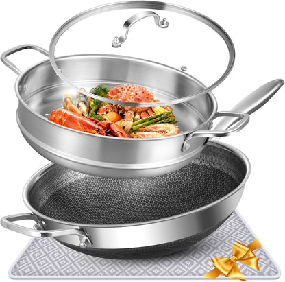 Hybrid 13 Inch Wok with Steamer, Nonstick Stainless Steel Wok | Wok Pan & Stir-Fry Pans1