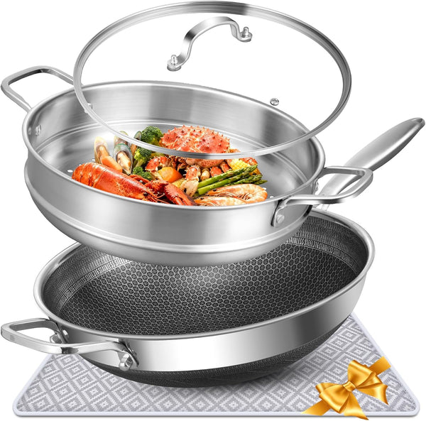 Hybrid 13 Inch Wok with Steamer, Nonstick Stainless Steel Wok | Wok Pan & Stir-Fry Pans1