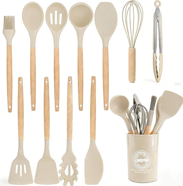Silicone Cooking Utensil Set,12 PCS Cooking Kitchen Utensils Set, Nonstick Kitchen Utensils 446°F Heat-Resistant Cookware Kitchen Tools of Spoon,Brush,Whisk,Spatula,Turner Tongs (Khaki)1