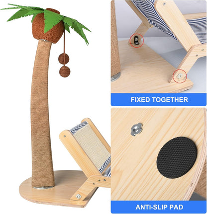Cat Scratching Post with Beach Chair 2-In-1, 29.5" Tall Palm Tree | Cat Scratching Post with Lounge and Interactive Hanging Ball, Outdoor Cat Furniture for Kitten Adults Cat Play and Rest2