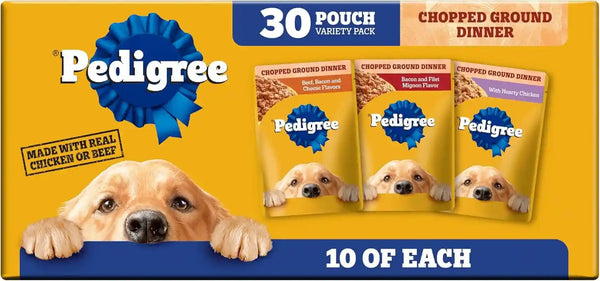 Pedigree Chopped Dinner Wet Dog Food Pouch, Variety Pack, 3.5 Oz, 30 Count | Chicken & Beef, Steam Cooked with Real Animal Protein, No Added Sugar, No Artificial Flavors, Serve as Topper or Meal1