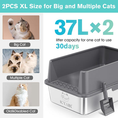 2PACK Stainless Steel Cat Litter Box with High Sides Lid, Extra Large XL Litter Box for Big Cats, Metal Kitty Litter Boxes with Anti-Leakage Enclosure,Non-Stick,Odorless,Scoop Included2