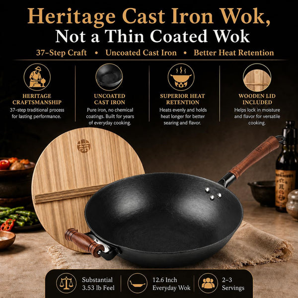 12.6 Inch Cast Iron Wok with Wooden Lid, Handcrafted Flat Bottom Chinese Stir Fry Pan, Uncoated Heavy-Duty Iron Wok for Induction, Gas, Electric & Ceramic Stoves | Uncoated Cast Iron Wok with Wood Lid for Induction, Gas and Electric Stoves; Season before Use.2