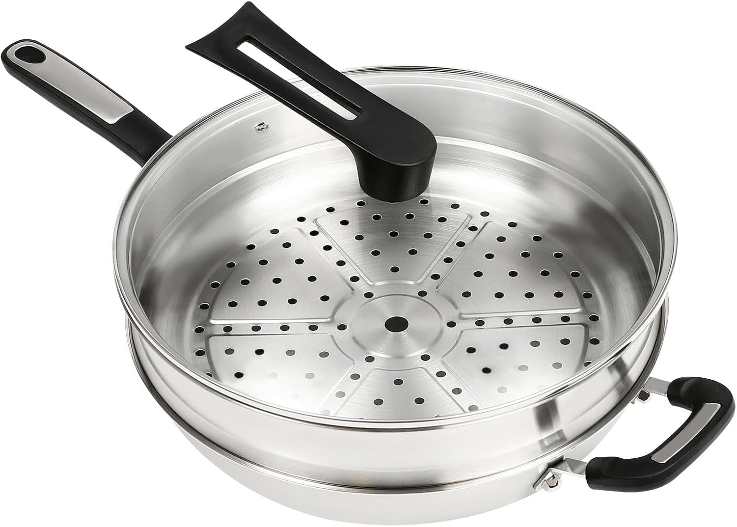 stainless-steel-wok-pan-stir-fry-wok-non-stick-frying-pan-honeycomb-skillet-with-handle-lid-for-gas-stove-induction-cooker-ceramic-stove-silver-black-13in-with-steamer-basket