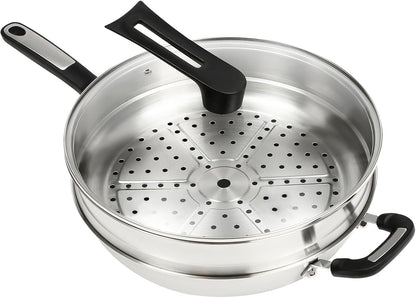Stainless Steel Wok Pan Stir-Fry Wok Non Stick Frying Pan Honeycomb Skillet with Handle Lid for Gas Stove, Induction Cooker Ceramic Stove, Silver Black (13In-With Steamer Basket)1