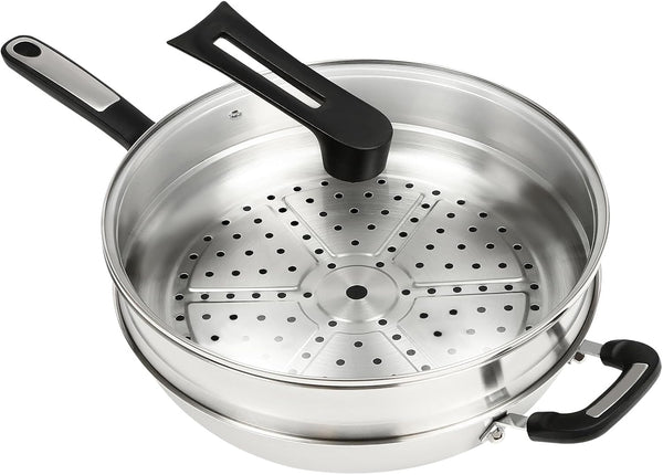 Stainless Steel Wok Pan Stir-Fry Wok Non Stick Frying Pan Honeycomb Skillet with Handle Lid for Gas Stove, Induction Cooker Ceramic Stove, Silver Black (13In-With Steamer Basket)1