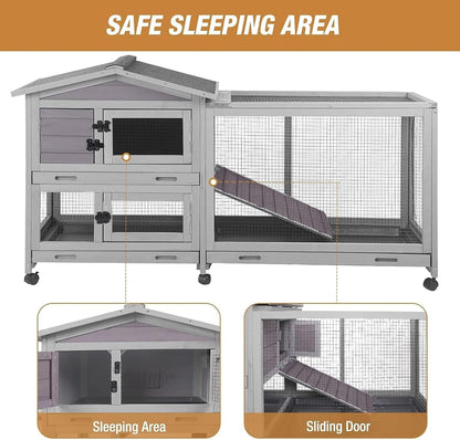 Bunny Cage Indoor and Outdoor Rabbit Hutch with Casters Waterproof Roof, Pull Out Tray from Back and Front 61.2" L X 22.6" W X 33.5" H4