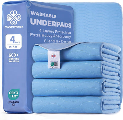 Accompagner Incontinence Bed Pads Washable Waterproof, Ultra-Absorbent Reusable Underpads for Diaper Changing, Nursing, Bedridden, Adults, Seniors, Kids and Dogs (Blue, 24"X24"(Pack of 6))37