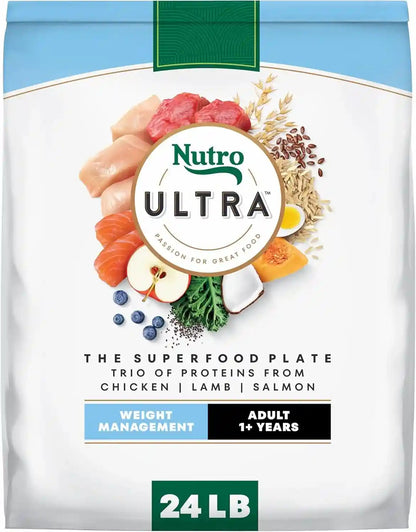 Nutro Ultra Weight Management Dry Dog Food, Chicken, Lamb & Salmon, 30 Lb | Non-Gmo, Tailored Protein & Fat for Weight Loss, 14 Superfoods, Essential Antioxidants, No Corn, Wheat, or Soy, Omega 3 & 617