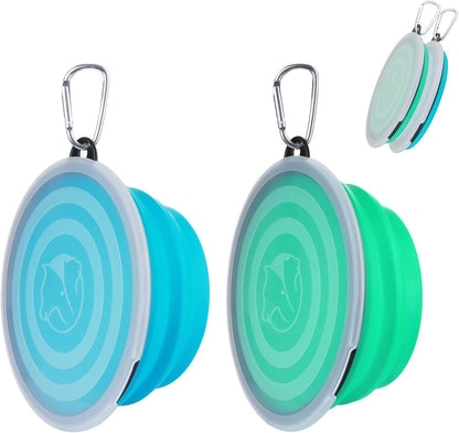 SLSON Collapsible Bowl with Cover Lids,2 Pack Dog Travel Bowls Portable Foldable Cat Water Dish Bowl for Pets Walking Parking Camping (Light Blue and Green, Small)18