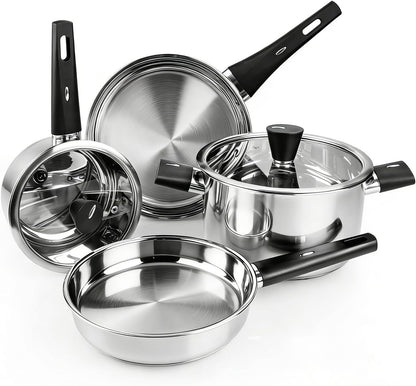 Stainless Steel Pots and Pans Set Non Toxic, 6Pcs Kitchen Cookware Sets with Stay-Cool Handles, Dishwasher Safe&Compatible with All Stovetops(Gas,Electric&Induction)1