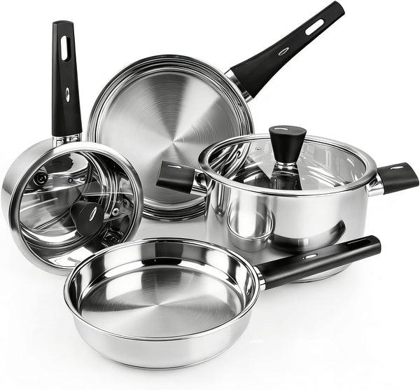 Stainless Steel Pots and Pans Set Non Toxic, 6Pcs Kitchen Cookware Sets with Stay-Cool Handles, Dishwasher Safe&Compatible with All Stovetops(Gas,Electric&Induction)1