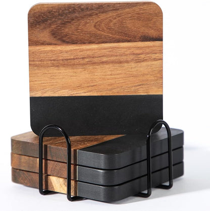 Black Marble Wood Coasters with Holder for Drinks Set of 4, Square Non-Slip Wooden Stone Coaster Coffee Table Accessories Manly Coaster for Men Coffee Table, Bar, Office - Rustic Modern1