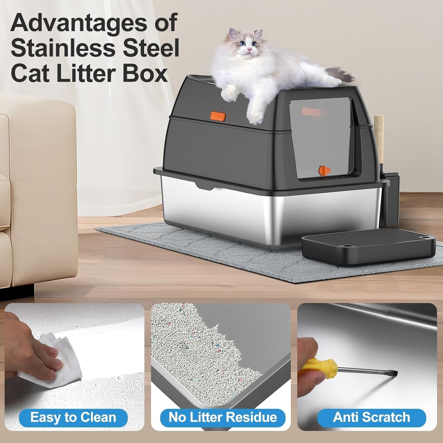 stainless-steel-litter-box-with-lid-front-entry-top-exit-kitty-litterbox-extra-large-enclosed-metal-cat-box-with-litter-scoop-litter-mat-black