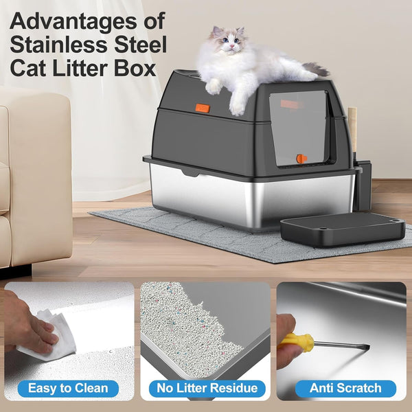 Stainless Steel Litter Box with Lid,Front Entry Top Exit Kitty Litterbox,Extra Large Enclosed Metal Cat Box with Litter Scoop & Litter Mat-Black7