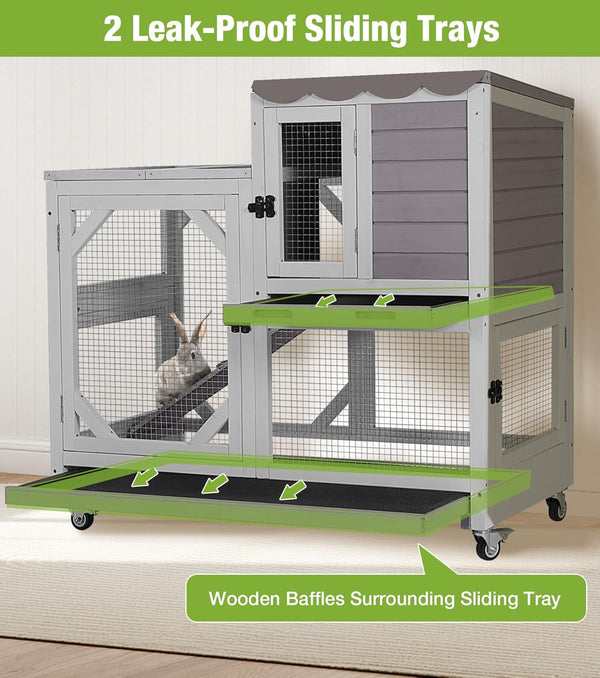 GUTINNEEN Wooden Duplex Rabbit Cage on Wheels with Chew-Proof Ramp, Grey | 4 Mobile Swivel Casters, 2-Story Design, Waterproof Rain Cover, 5 Access Doors, 2 Sliding Trays2