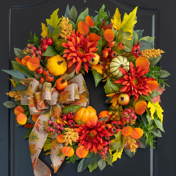 Fall Wreaths for Front Door 24 Inch Autumn Wreath Rustic Fall Decor | Autumn Wreath with Artificial Pomegranates, Sunflowers and Berries Fall Door Wreath for Outdoor or Indoor Use Autumn Wreaths1