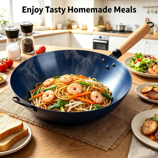 Carbon Steel Wok, 13.5" Woks & Stir-Fry Pans Nonstick, Pre-Seasoned Flat Bottom Wok for BBQ, Grill, Outdoor & Camping, Compatible with Induction, Electric, Gas, Open Fire, Deep Blue7
