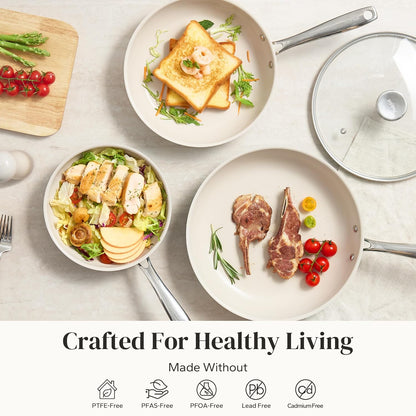 Nonstick Cookware Sets, Frying Pan Set with Tempered Glass Lids, Ceramic Cookware Set, Stay-Cool Handles, Dishwasher & Oven Safe, Compatible with All Cooktops, Beige (8+9.5+11 Inch)4