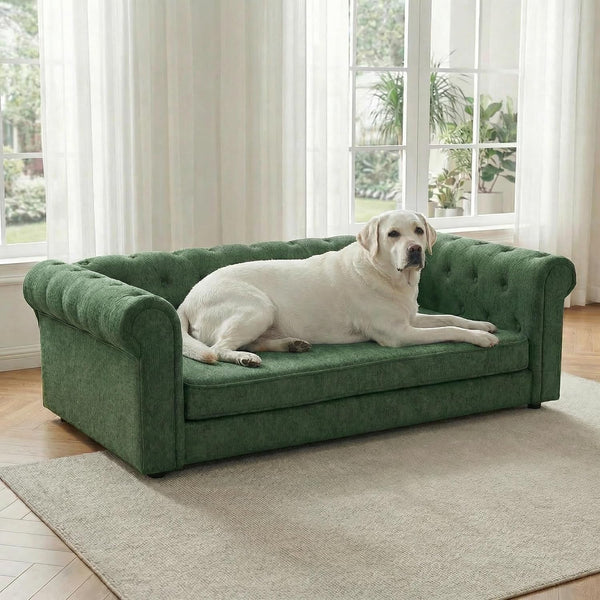 Elevated XL Large Dog Sofa with Backrest and Armrests, 55" Button Tufted Dog Couch Bed with Soft Cushion for Large Dogs, Stylish Lounging Bed Pet Couch Chair, 120Lbs Weight Capacity, Beige9