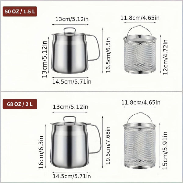 68Oz 304 Stainless Steel Deep Fryer Pot with Basket & Strainer, Large Capacity Bacon Grease Container for Kitchen,Frying, Cooking, Camping,Oil Filter Container - Dishwasher Safe (68Oz/2L/2.1Qt)4