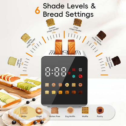 Smart Touchscreen 2 Slice Toaster, Wide Slot, Memory & Single-Slot | Digital Timer, Extra Wide Slot for Bagels, 6 Shade Levels & 6 Bread Settings, Reheat, Defrost, Favorite,Platinum6