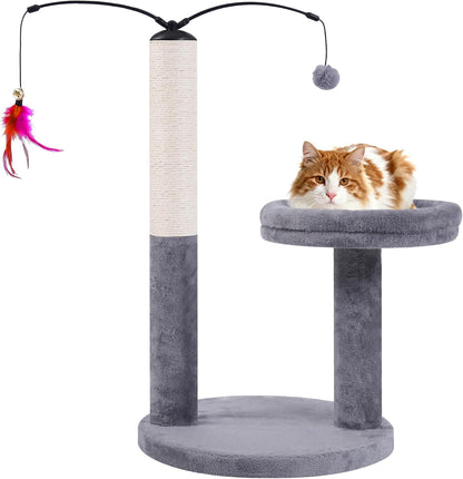 AIWIKIDE 24" Scratching Post, Interactive Cat Scratcher | with Perch & Plush Toy, Sturdy Weighted Base, Grey1