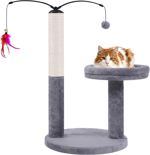 AIWIKIDE 24" Scratching Post, Interactive Cat Scratcher | with Perch & Plush Toy, Sturdy Weighted Base, Grey1
