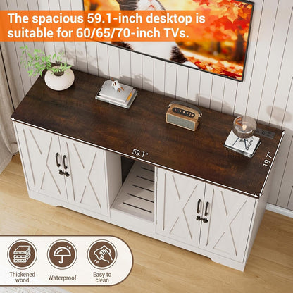59.1" Cat Litter Box Enclosure for 2 Cats, Hidden Litter Box Furniture with Power Outlet & Removable Hallway, Lockable Door & Anti-Tip Design, Farmhouse Litter Box Cabinet with Magnetic Door, White7