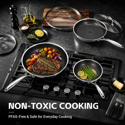 3 Pcs Non Stick Frying Pans Set, 8", 10", 12" Stainless Steel Pans | Skillet and Frying Pans Nonstick, Stay Cool Handle, PFOA/PFAS/PTFE Free, Dishwasher & Oven Safe, Induction Compatible, Black5