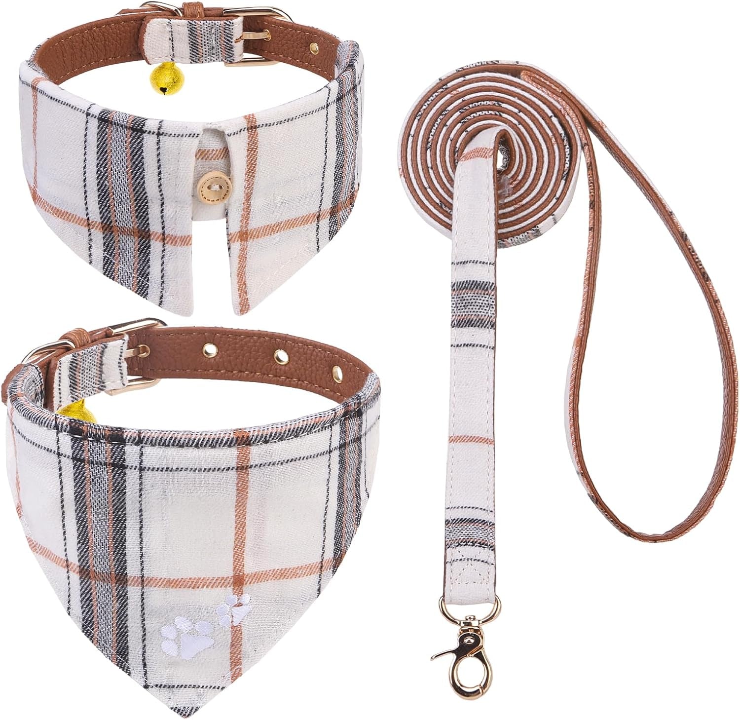 expawlorer-puppy-collar-and-leash-set-embroidery-pawprints-plaid-dog-collar-and-dog-leash-set-bow-tie-and-bandana-dog-collar-with-bell-cute-collar-and-leash-for-dogs-cats-outdoor-walking-blue-s