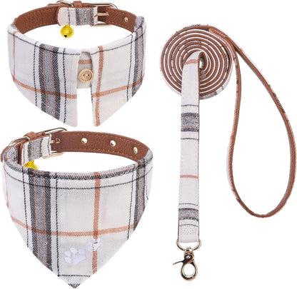 EXPAWLORER Puppy Collar and Leash Set - Embroidery Pawprints Plaid Dog Collar and Dog Leash Set, Bow Tie and Bandana Dog Collar with Bell, Cute Collar and Leash for Dogs Cats Outdoor Walking, Blue S7