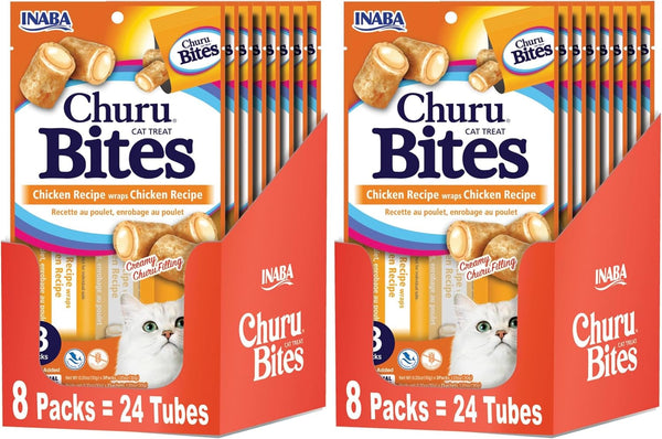 INABA Churu Bites for Cats, Soft/Chewy Baked Chicken Wrapped Churu Filled Cat Treats with Vitamin E, 0.35 Ounces per Tube, 24 Tubes Total (3 Tubes per Pack), Chicken Recipe11