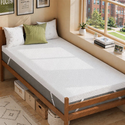 Twin XL Mattress Topper, 3 Inch Gel Memory Foam Topper for Dorm & College Students, Foam Pad with Non-Slip Washable Cover & Adjustable Straps, Pressure Relief, Certipur-Us Certified, White1