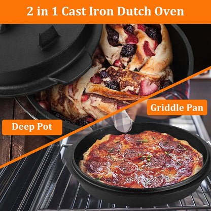7QT Pre-Seasoned Dutch Oven Camping with Lid Lifter, 2-In-1 Pots | 2-IN-1 Cast Iron Camping Dutch Oven, Heat Conduction & Good Sealing & Heavy Duty4