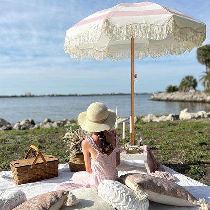 Boho Fringe Umbrella, 6.5Ft Outdoor Umbrella with Tassel | Boho Chic Style, UPF 50+ Sun Protection, Steel Pole, Push Button Tilt, Easy to Set Up, for Party Picnic Beach, Green Stripe8