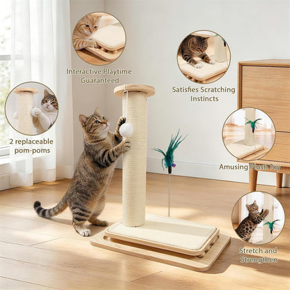 Cat Scratching Post with Sisal Mat and Wooden Base Indoor Scratcher | Stable Cat Scratch Furniture with Durable Sisal Post, Scratch Mat and Hanging Ball, Protects Furniture, Easy Assembly2