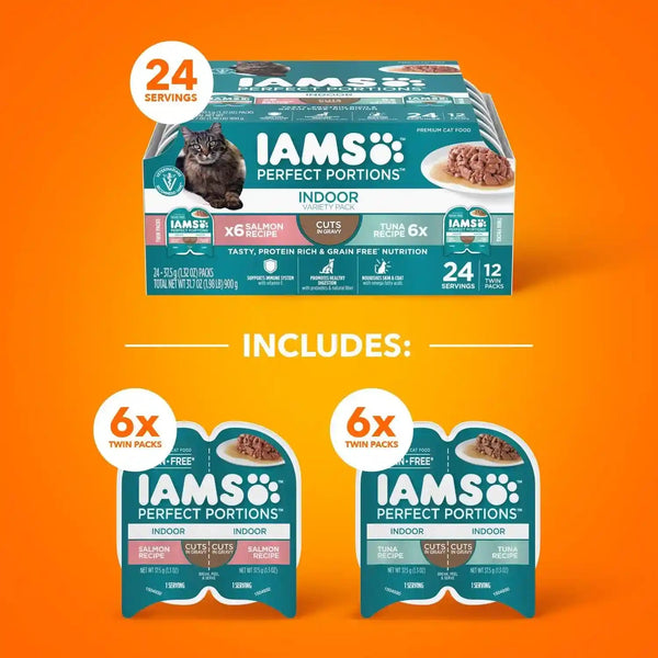 IAMS Perfect Portions Cuts in Gravy Wet Cat Food, Tuna & Salmon, 12 Count | Tuna & Salmon Cuts in Gravy, 2.6 Oz. Snap-Peel-Serve Twin Packs, Vitamin E Immune Support, Prebiotic Fiber, Made in USA2