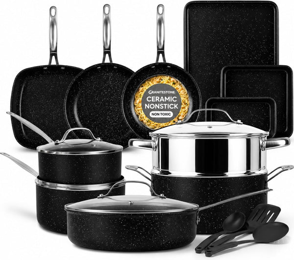 Ceraluxe 20Pc Pots and Pans Set Non Stick Ceramic Cookware Set | Bakeware & Utensils Included, Non Toxic PFOA/PTFE/PFOS Free Coating, Cool Touch Handles, Oven & Dishwasher Safe, Black1