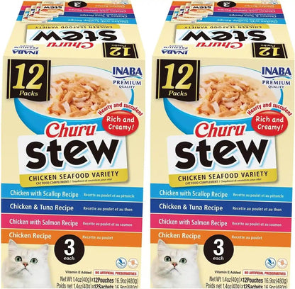 INABA Churu Stew for Cats, Side Dish Pouch with Vitamin E, 1.4 Ounces per Pouch, 12 Pouches, Chicken & Seafood Variety15