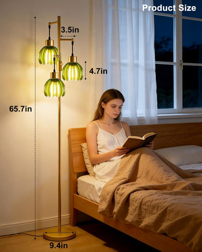 Glass Floor Lamp Green Lotus Flower Shade Dimmable Gold Floor Lamp | 3000K Bulbs Included 3-Light Modern Tall Floral Standing Lamp with 5Lbs Heavy Base for Living Room/Bedroom/Sofa Beside/Decor6