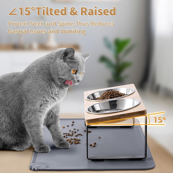 Upgraded Elevated Cat Bowls with Food Mat,15°Tilted Stand anti Vomiting Raised Cat Dishes for Food and Water,2 Stainless Steel Bowls for Cats and Puppy4